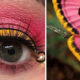 Side-by-Side Comparison of Colorful Eye Makeup Designs and Bugs that Inspired Them